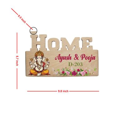 Personalized Lord Ganpati Theme Wooden Name Plate for Flat,Villa, Bungalow, Apartment, Office & Home Entrance Custom Name & House Number  Gifts For Housewarming